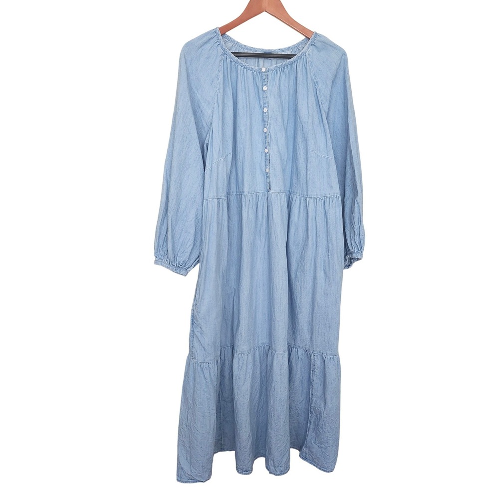 Old Navy Chambray All Day Long Sleeve Midi Swing Dress 2X Blue  Cotton Tiered